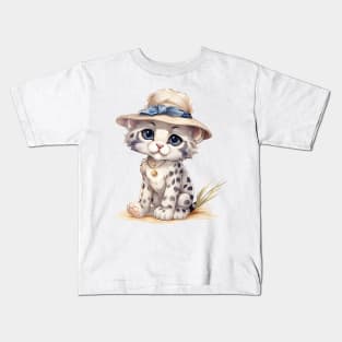 Snow Leopard in Straw Hat Kids T-Shirt